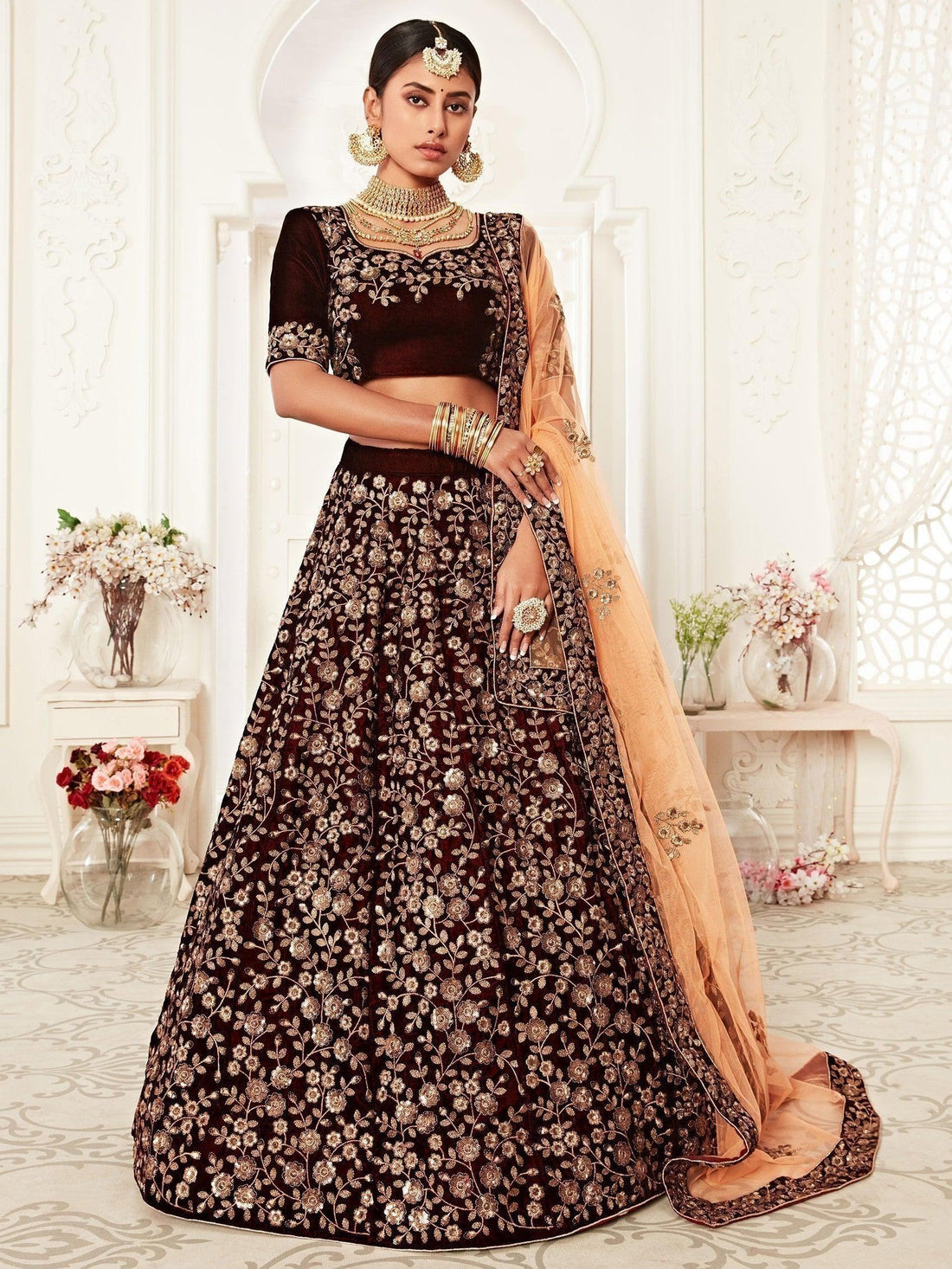 Trending Maroon Embroidered Velvet Bridal Lehenga Choli