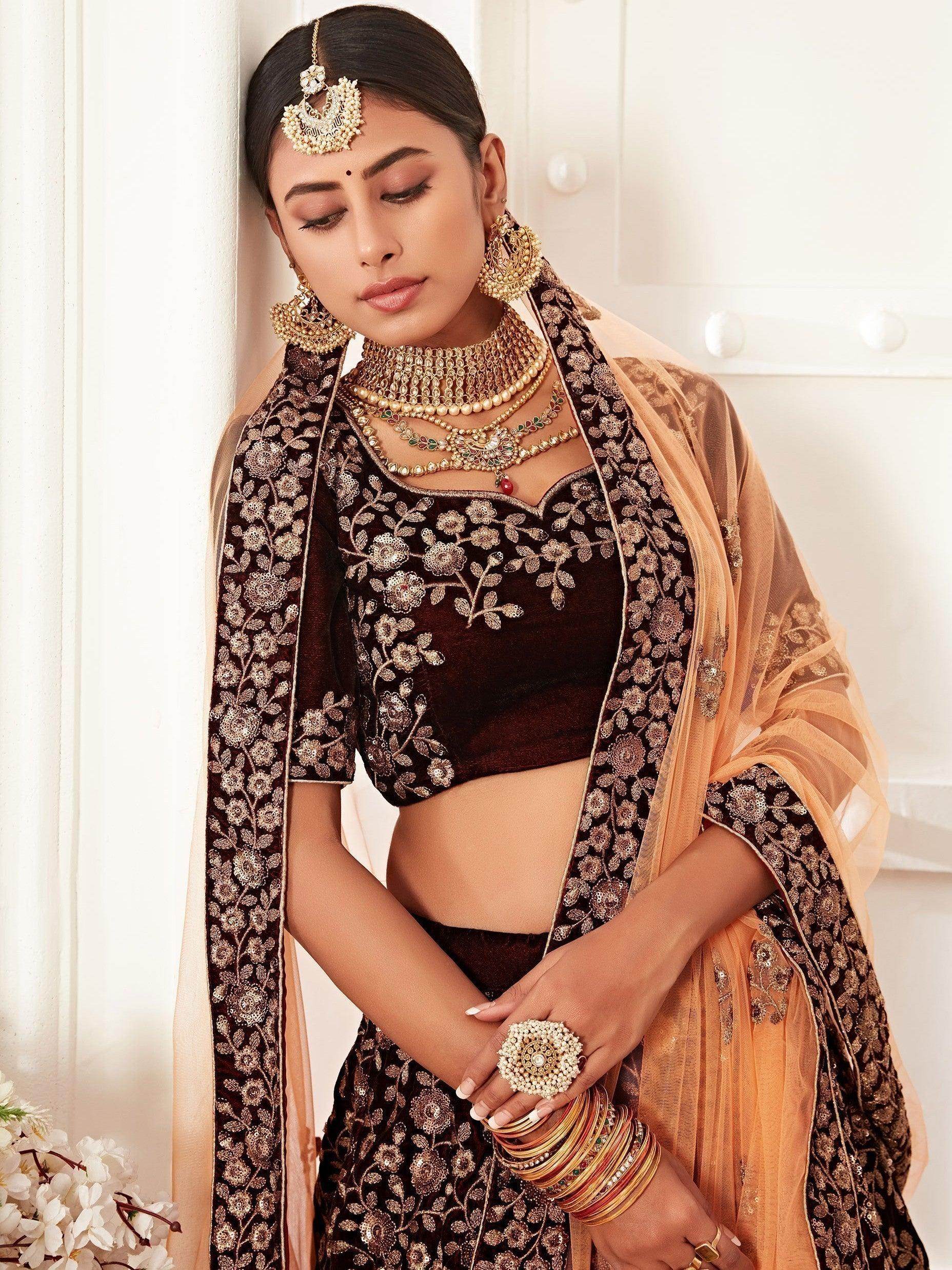 Trending Maroon Embroidered Velvet Bridal Lehenga Choli - Zeel Clothing