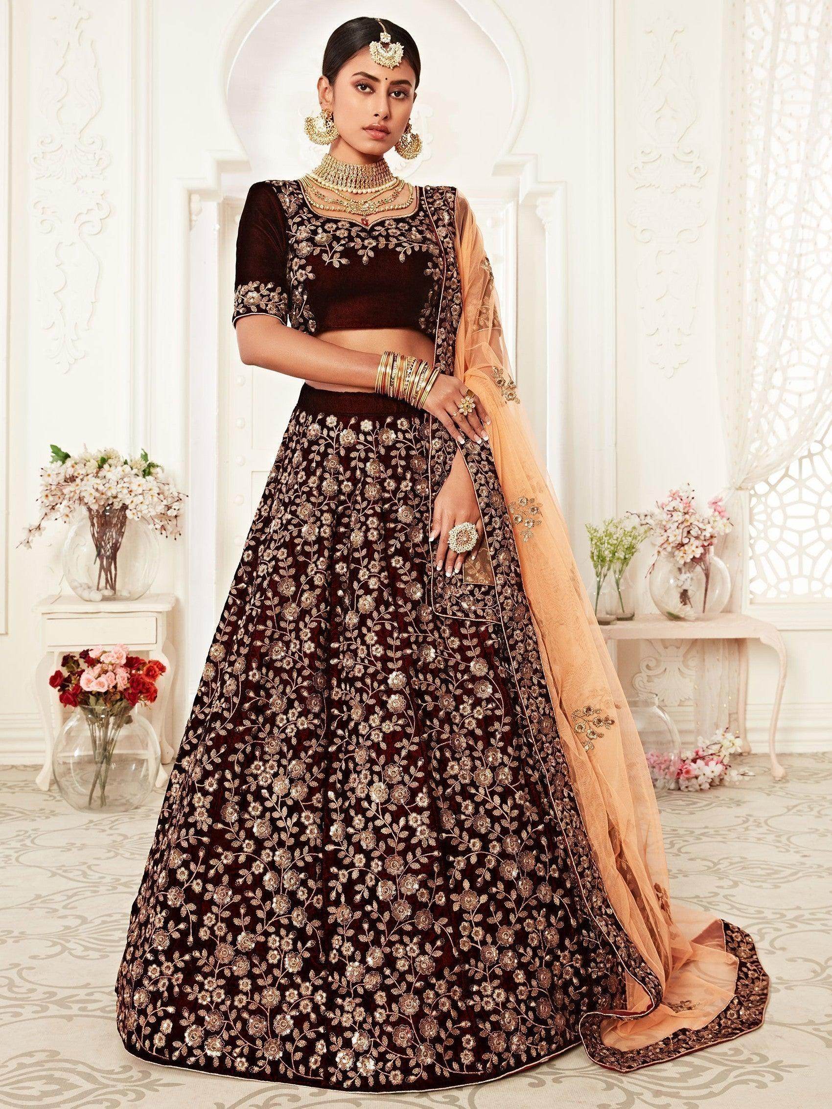 Trending Maroon Embroidered Velvet Bridal Lehenga Choli - Zeel Clothing