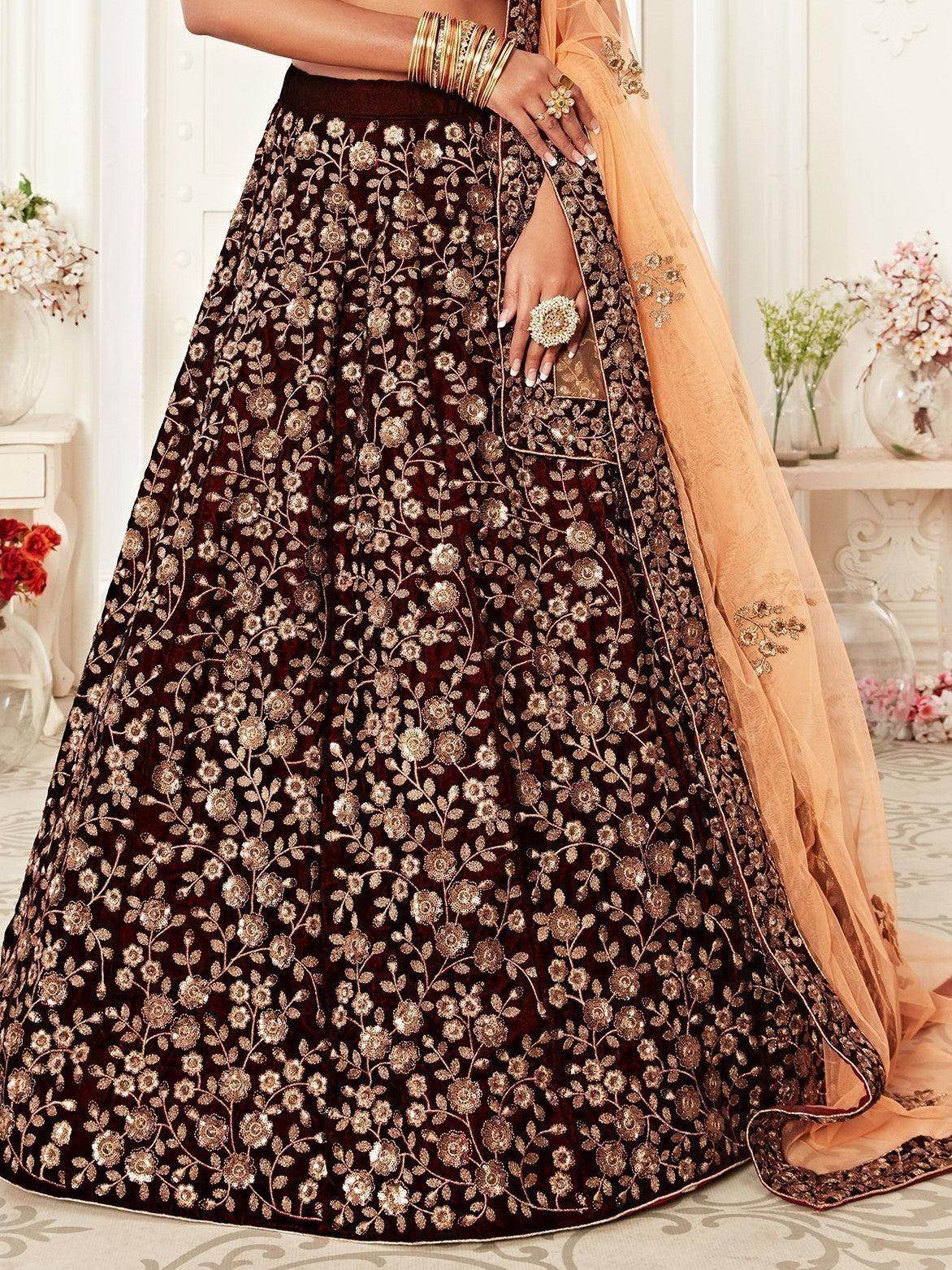Trending Maroon Embroidered Velvet Bridal Lehenga Choli - Zeel Clothing