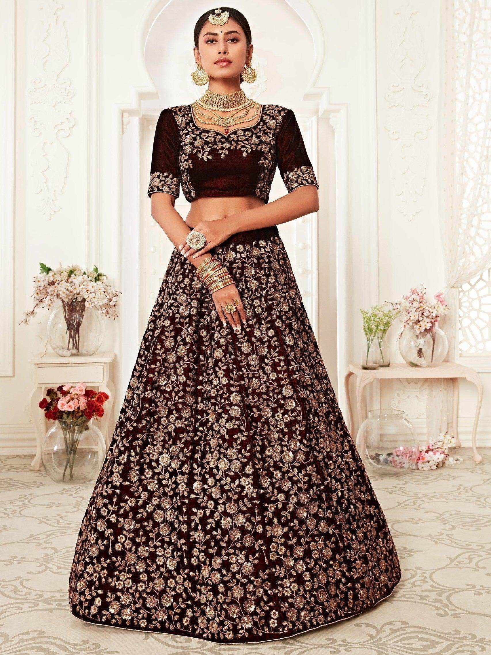 Trending Maroon Embroidered Velvet Bridal Lehenga Choli - Zeel Clothing