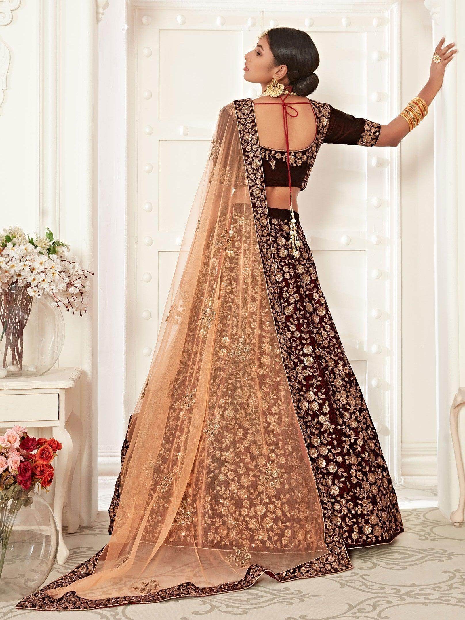 Trending Maroon Embroidered Velvet Bridal Lehenga Choli - Zeel Clothing
