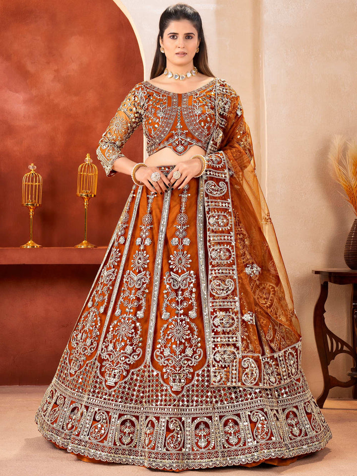 Trendy Brown Sequins Work Net Wedding Wear Lehenga Choli With Dupatta