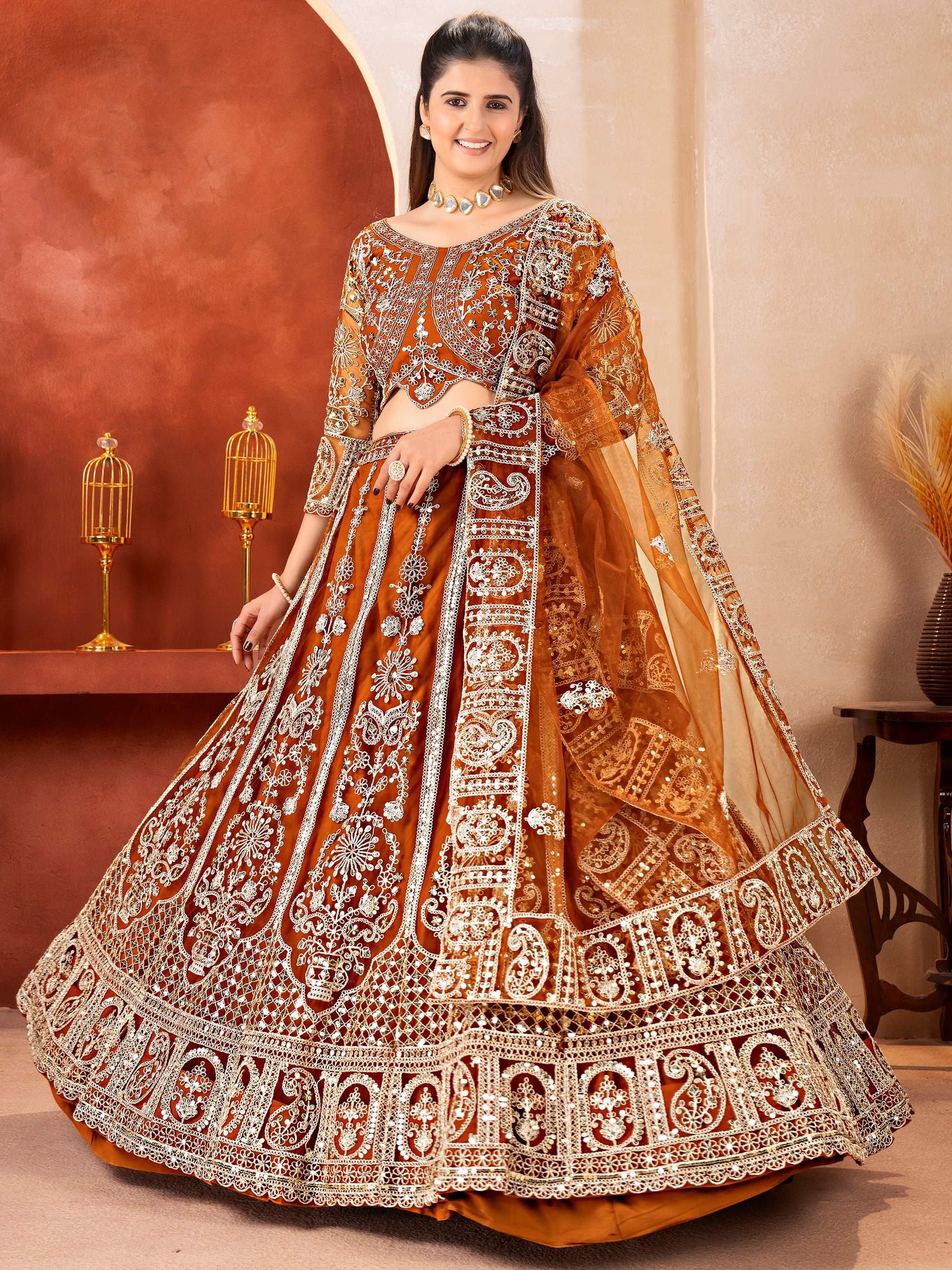 Trendy Brown Sequins Work Net Wedding Wear Lehenga Choli With Dupatta