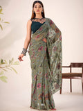 Trendy Green Floral Printed Brasso Mehendi Functions Wear Saree