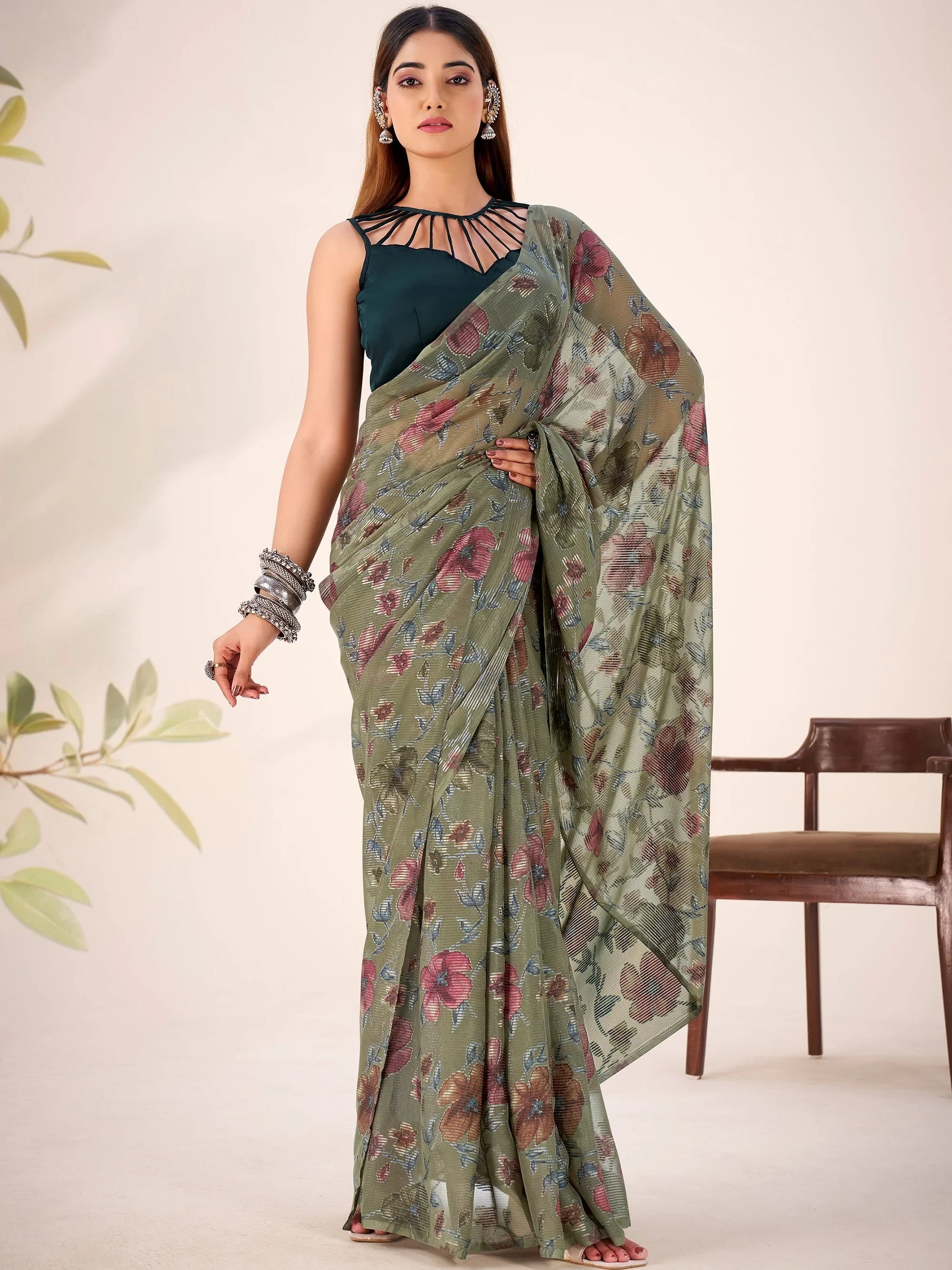 Trendy Green Floral Printed Brasso Mehendi Functions Wear Saree