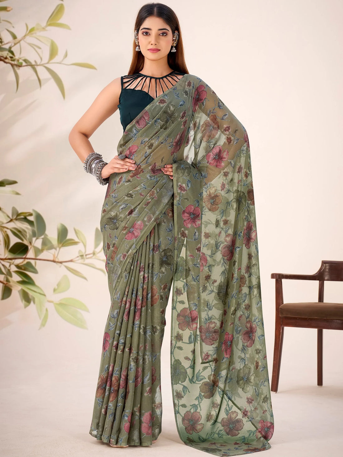 Trendy Green Floral Printed Brasso Mehendi Functions Wear Saree