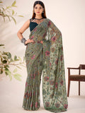 Trendy Green Floral Printed Brasso Mehendi Functions Wear Saree