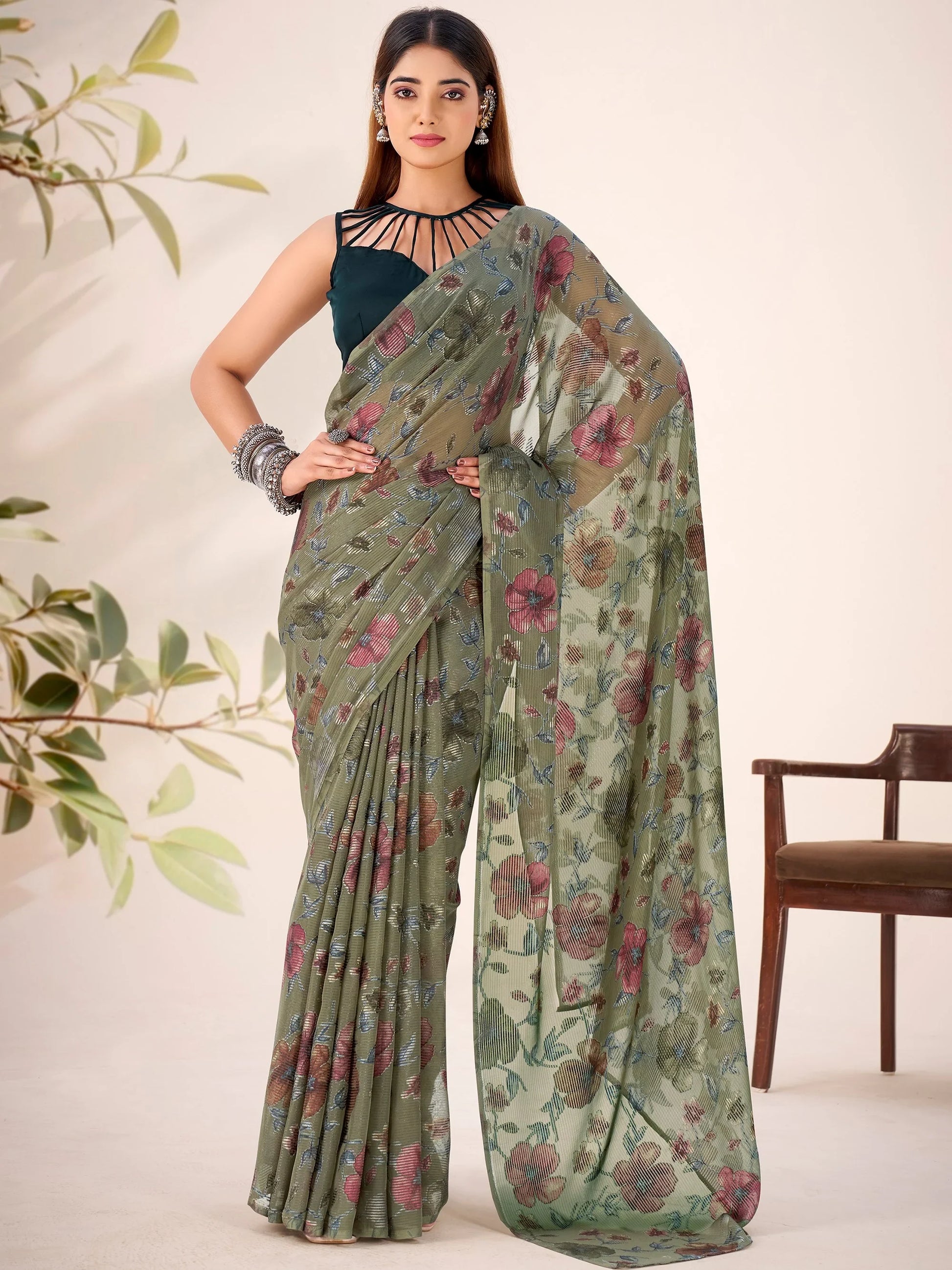 Trendy Green Floral Printed Brasso Mehendi Functions Wear Saree