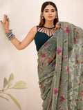Trendy Green Floral Printed Brasso Mehendi Functions Wear Saree