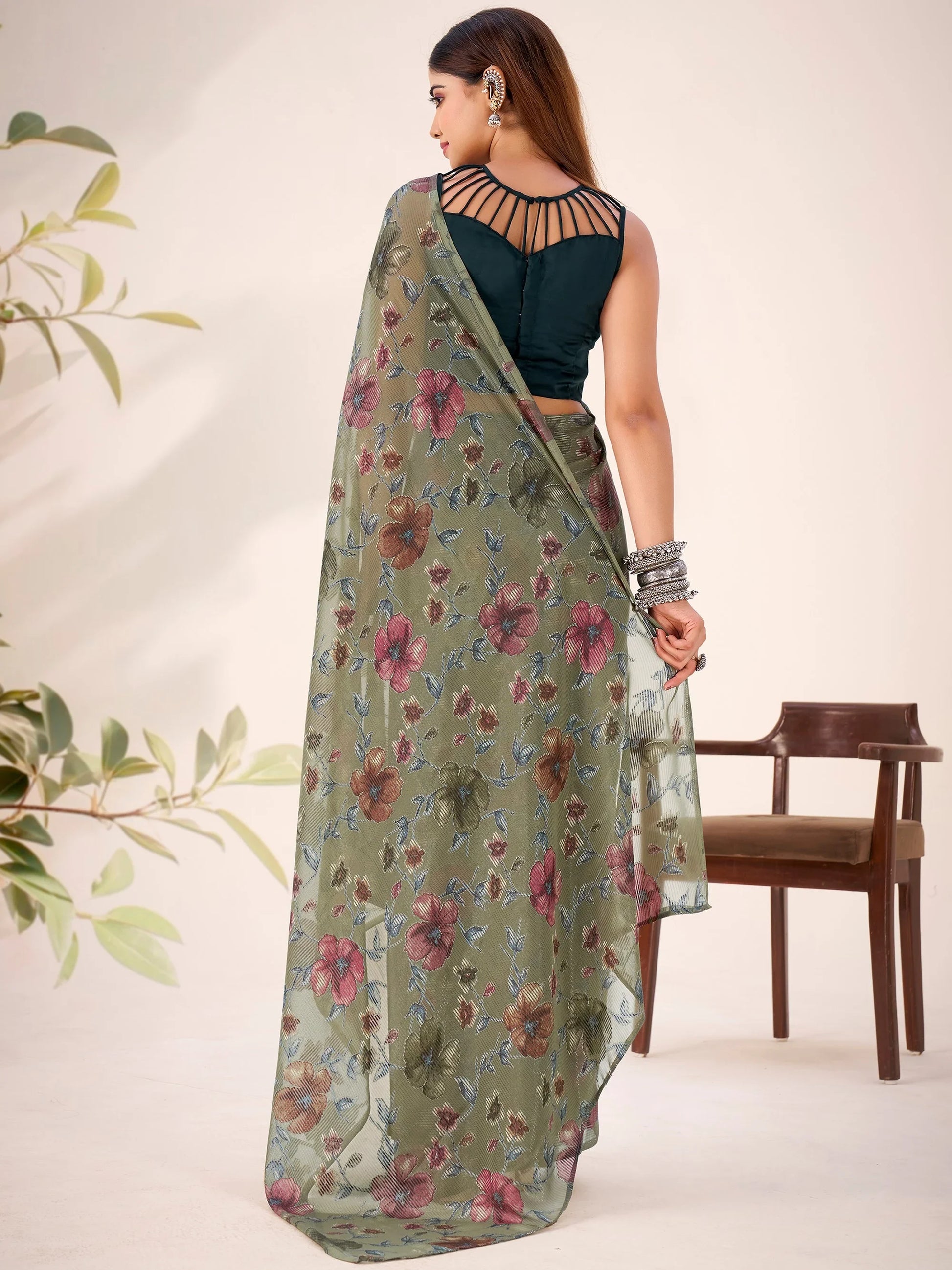 Trendy Green Floral Printed Brasso Mehendi Functions Wear Saree