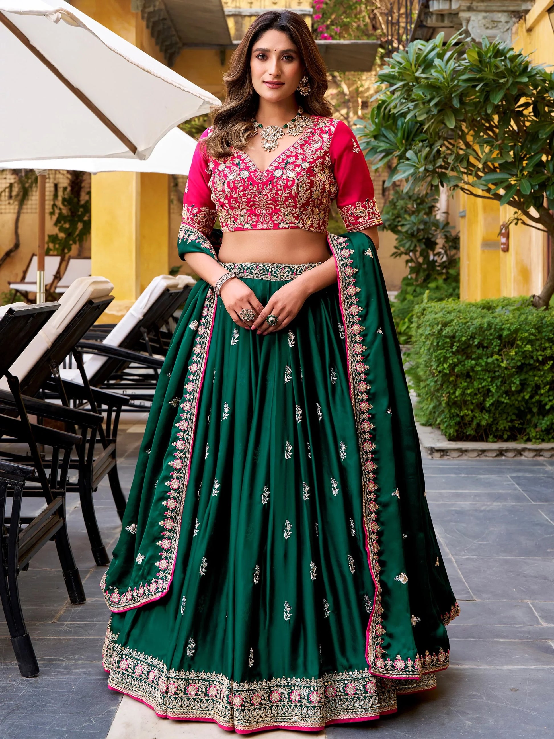 Trendy Green Sequins and  Embroidery Silk Wedding Wear Lehenga Choli