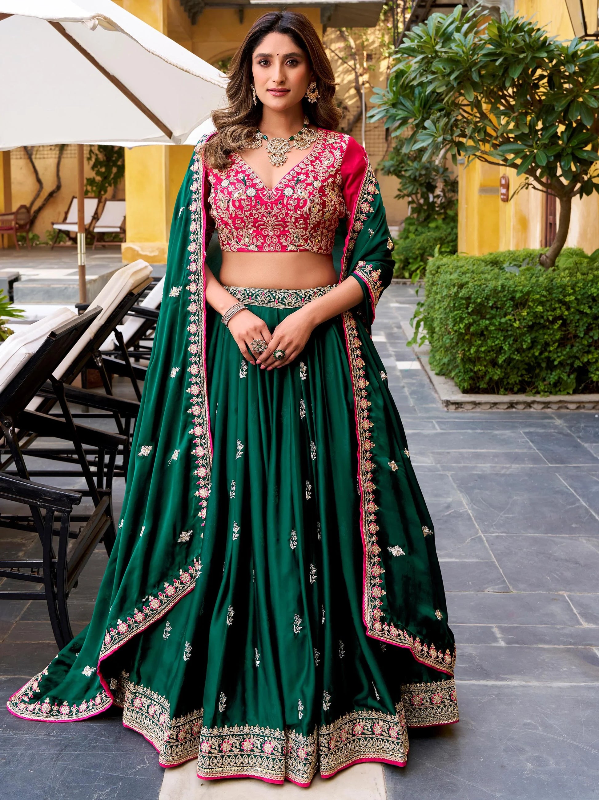 Trendy Green Sequins and  Embroidery Silk Wedding Wear Lehenga Choli