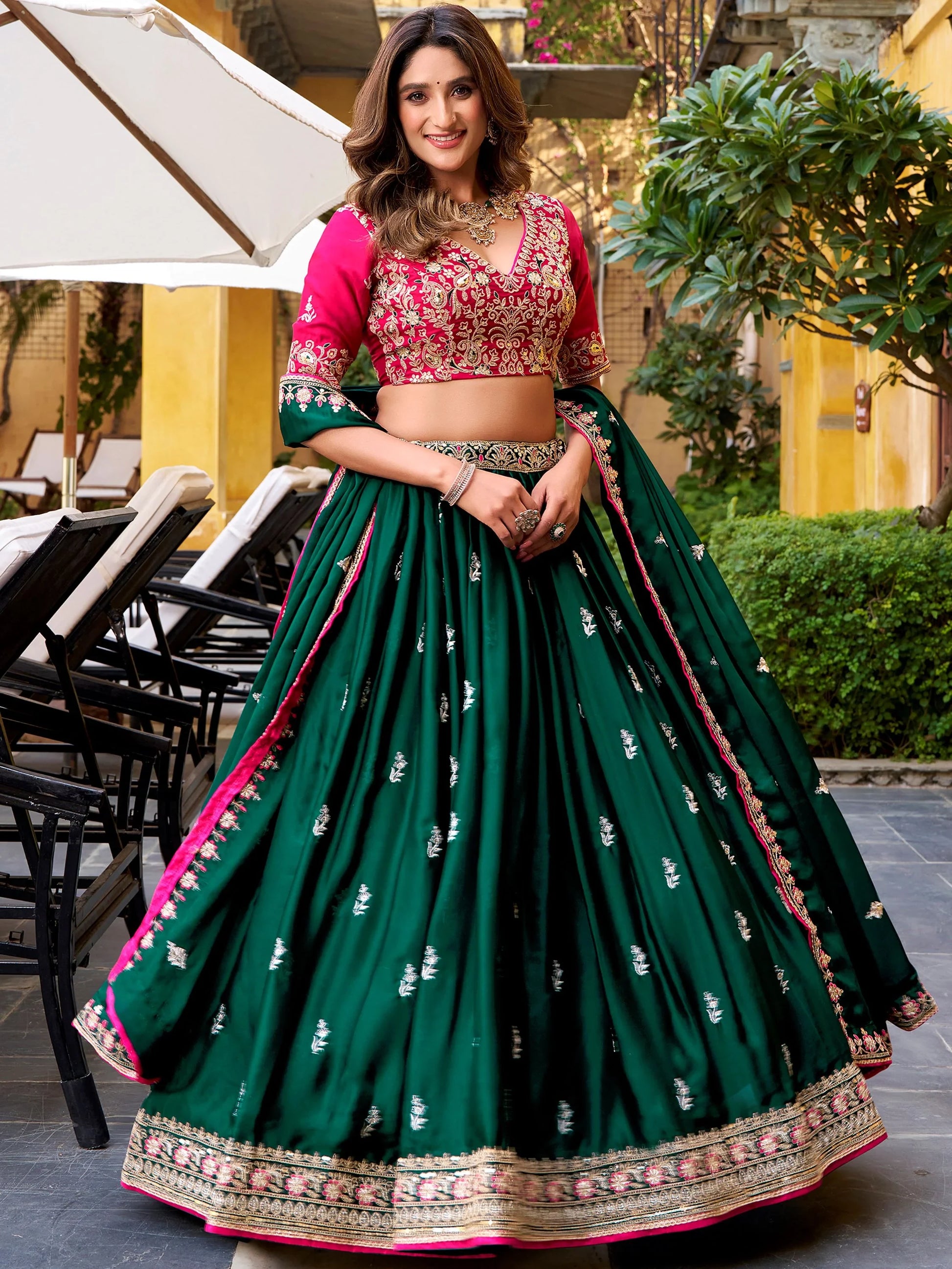 Trendy Green Sequins and  Embroidery Silk Wedding Wear Lehenga Choli