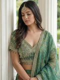 Trendy Green Sequins Work Kanjivaram Wedding Wear Lehenga With Dupatta