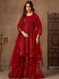 Trendy Red Thread Embroidery Net Reception Wear Sharara Suit