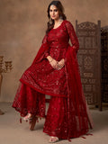Trendy Red Thread Embroidery Net Reception Wear Sharara Suit