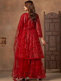 Trendy Red Thread Embroidery Net Reception Wear Sharara Suit
