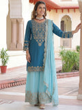 Trendy Teal Blue Sequins Work Chinon Engagement Wear Palazzo Suit