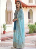 Trendy Teal Blue Sequins Work Chinon Engagement Wear Palazzo Suit