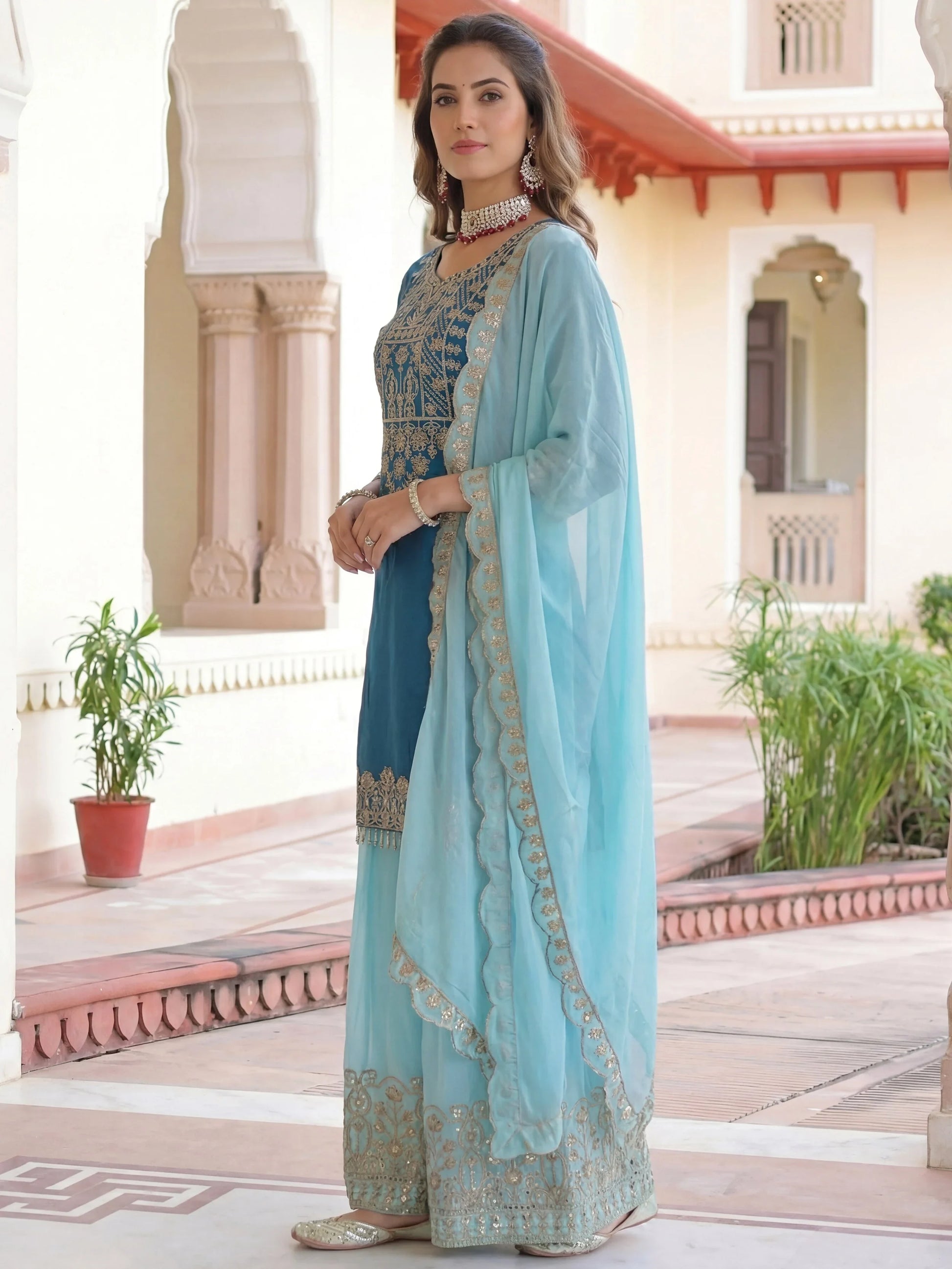 Trendy Teal Blue Sequins Work Chinon Engagement Wear Palazzo Suit