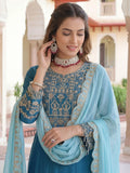 Trendy Teal Blue Sequins Work Chinon Engagement Wear Palazzo Suit