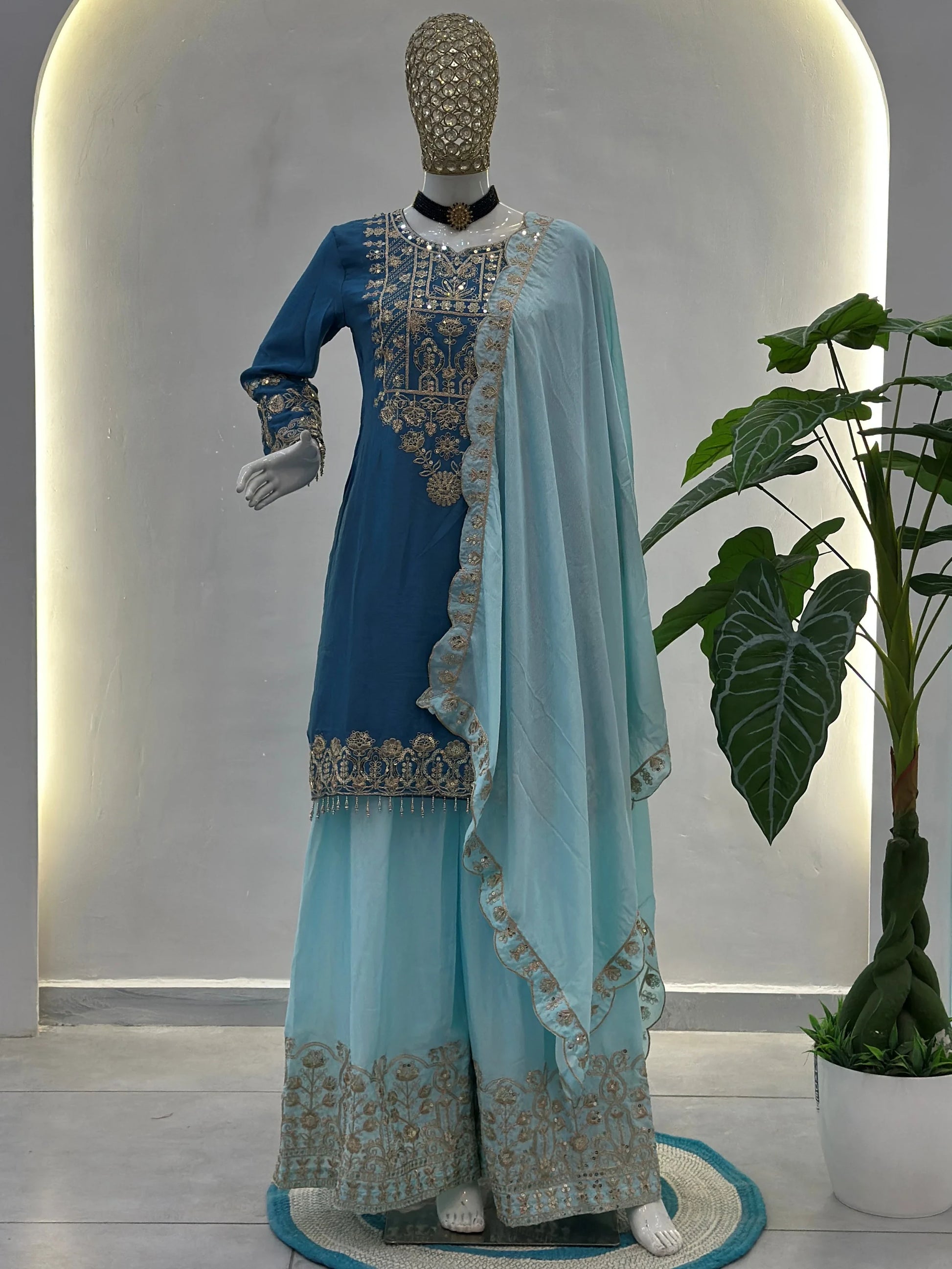Trendy Teal Blue Sequins Work Chinon Engagement Wear Palazzo Suit