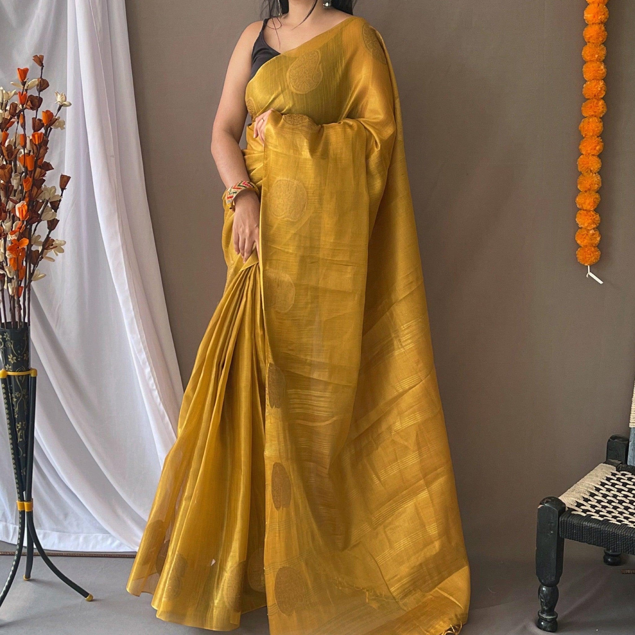 Bewitching Mustard Yellow Zari Weaving Tissue Silk Saree With Blouse