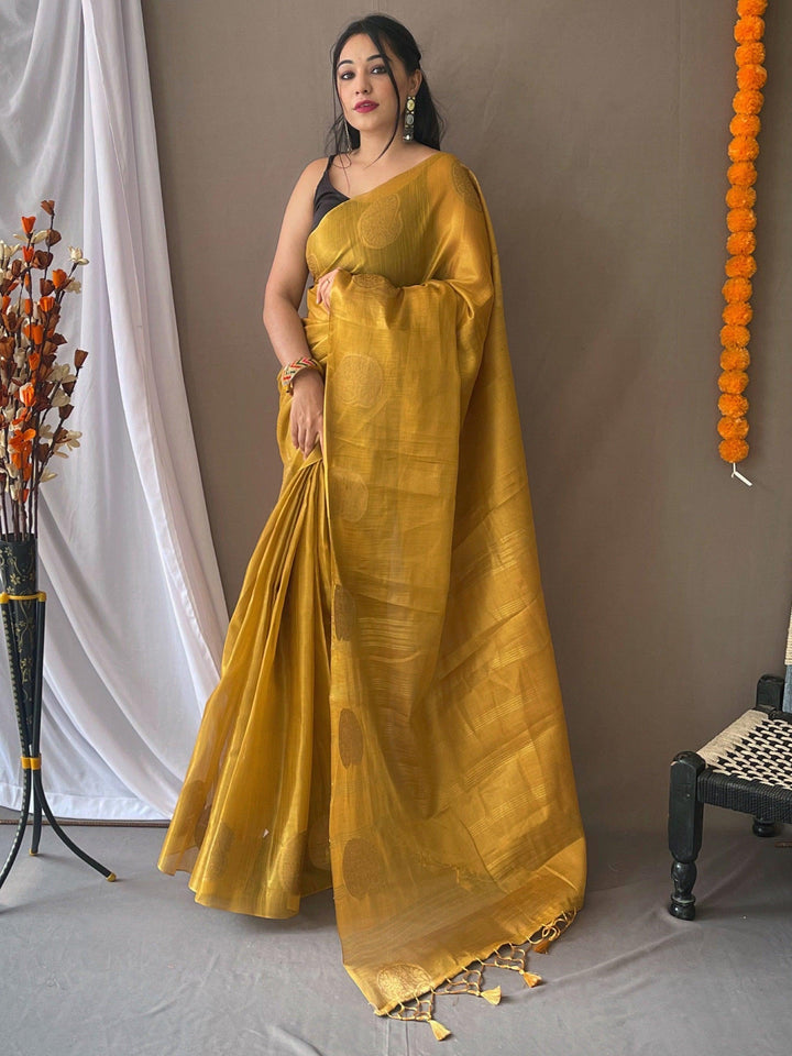 Bewitching Mustard Yellow Zari Weaving Tissue Silk Saree With Blouse