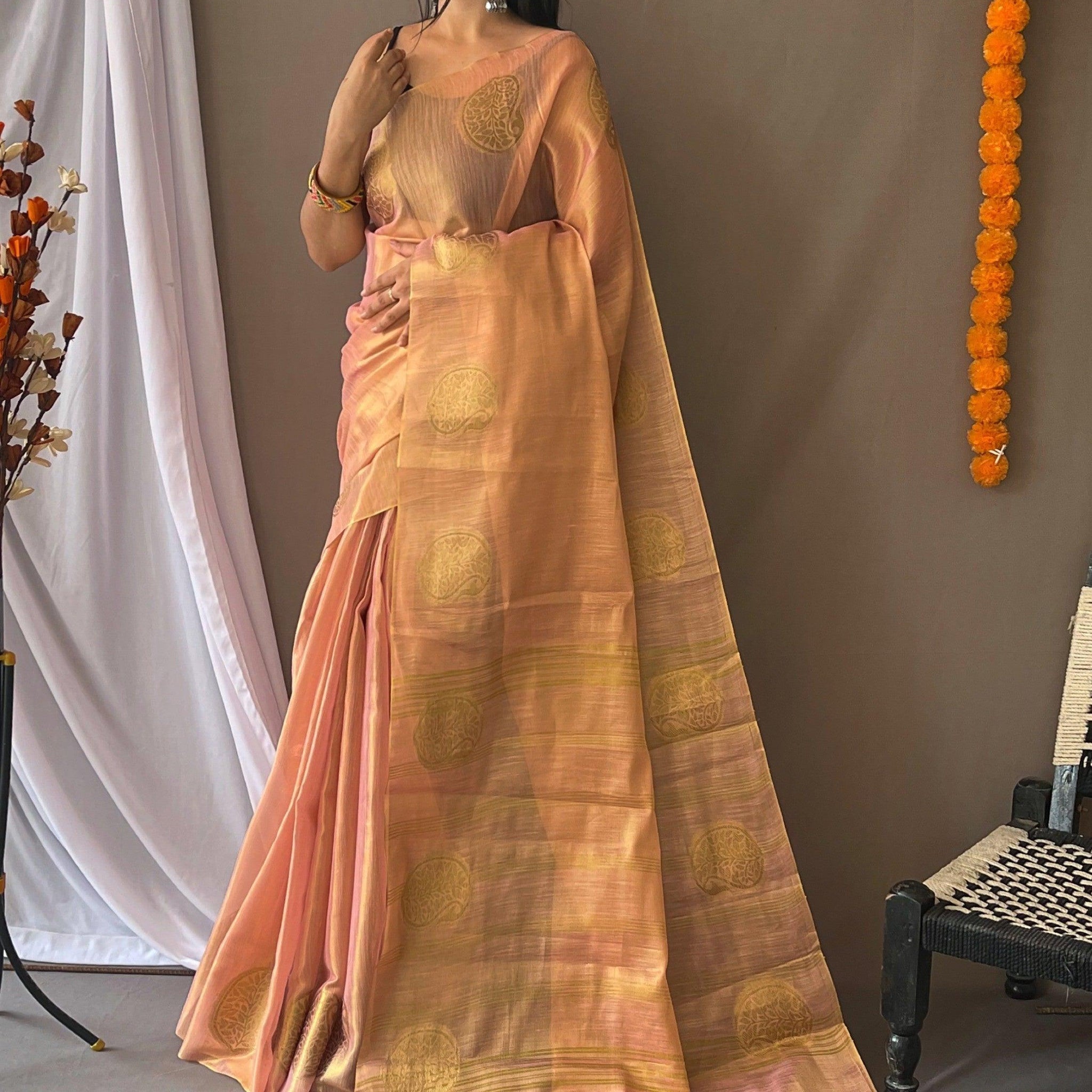 Superb Pink Zari Weaving Tissue Silk Sangeet Wear Saree With Blouse