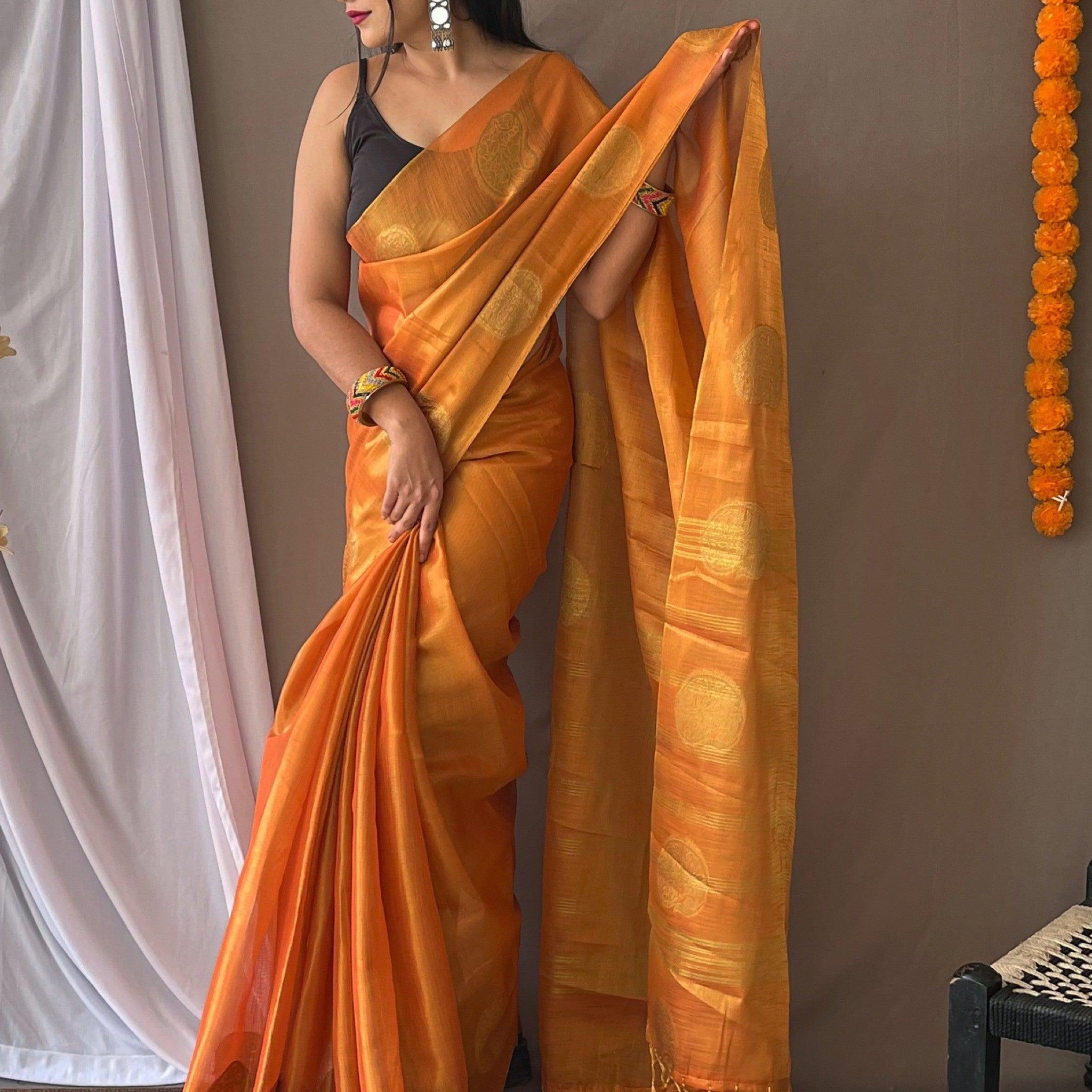 Fabulous Orange Zari Weaving Tissue Silk Saree With Blouse