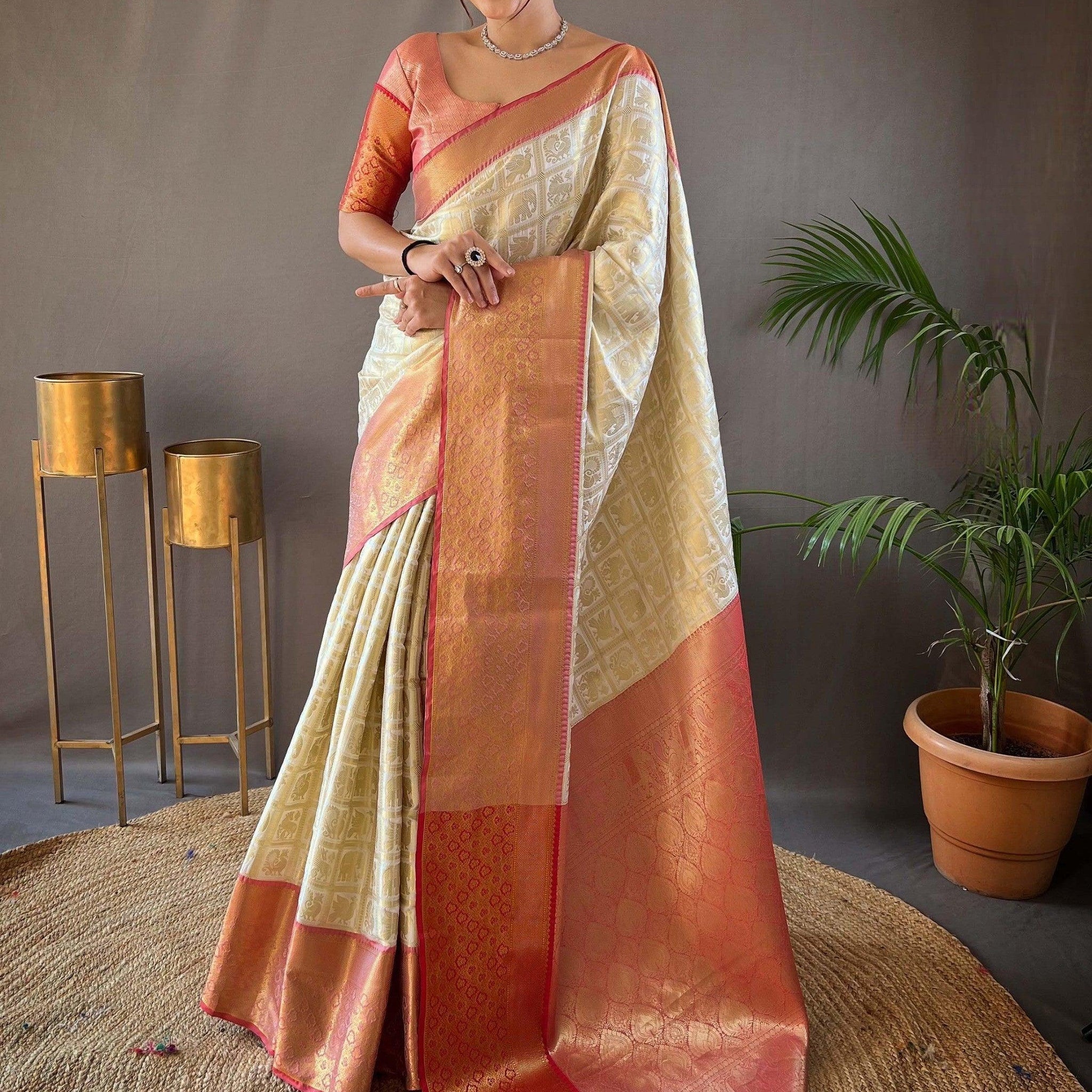 Stunning Off-White Zari Weaving Silk Traditional Saree With Blouse