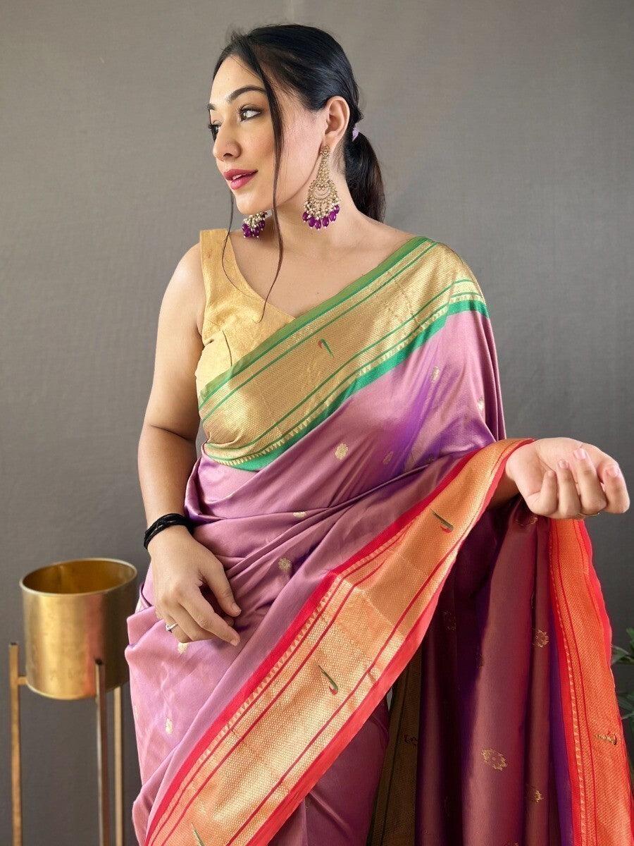 Magnificent Dusty Pink Zari Weaving Silk Saree With Blouse