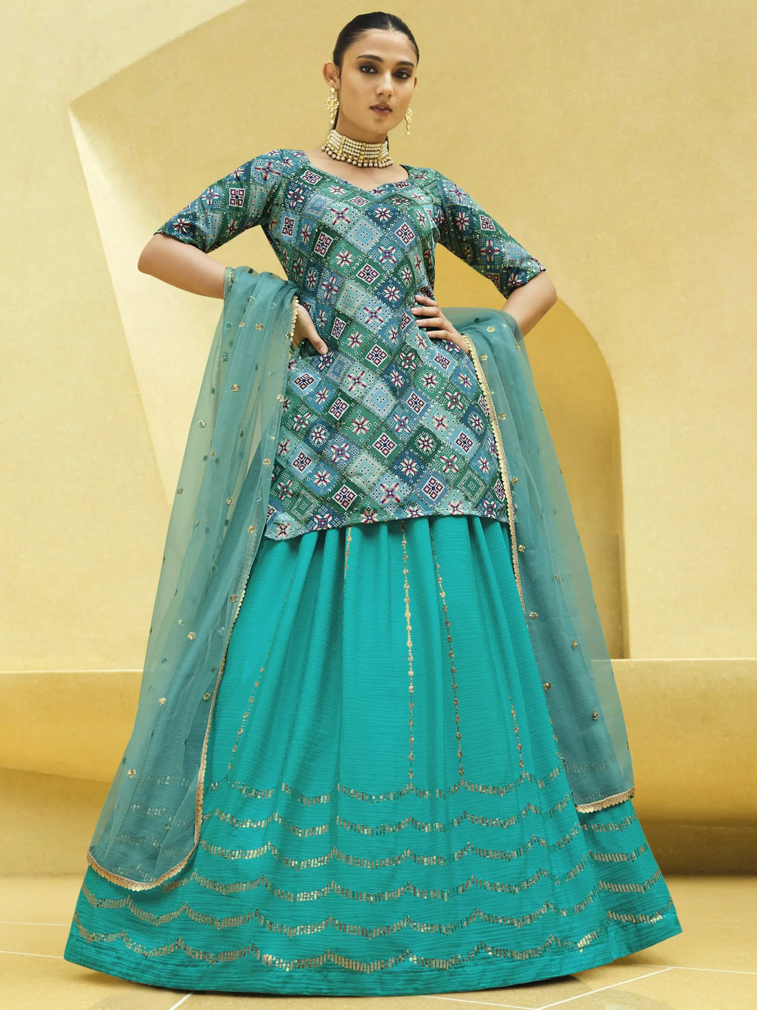Turquoise Blue Sequins Embroidered Chinon Silk Lehenga Choli - Zeel Clothing