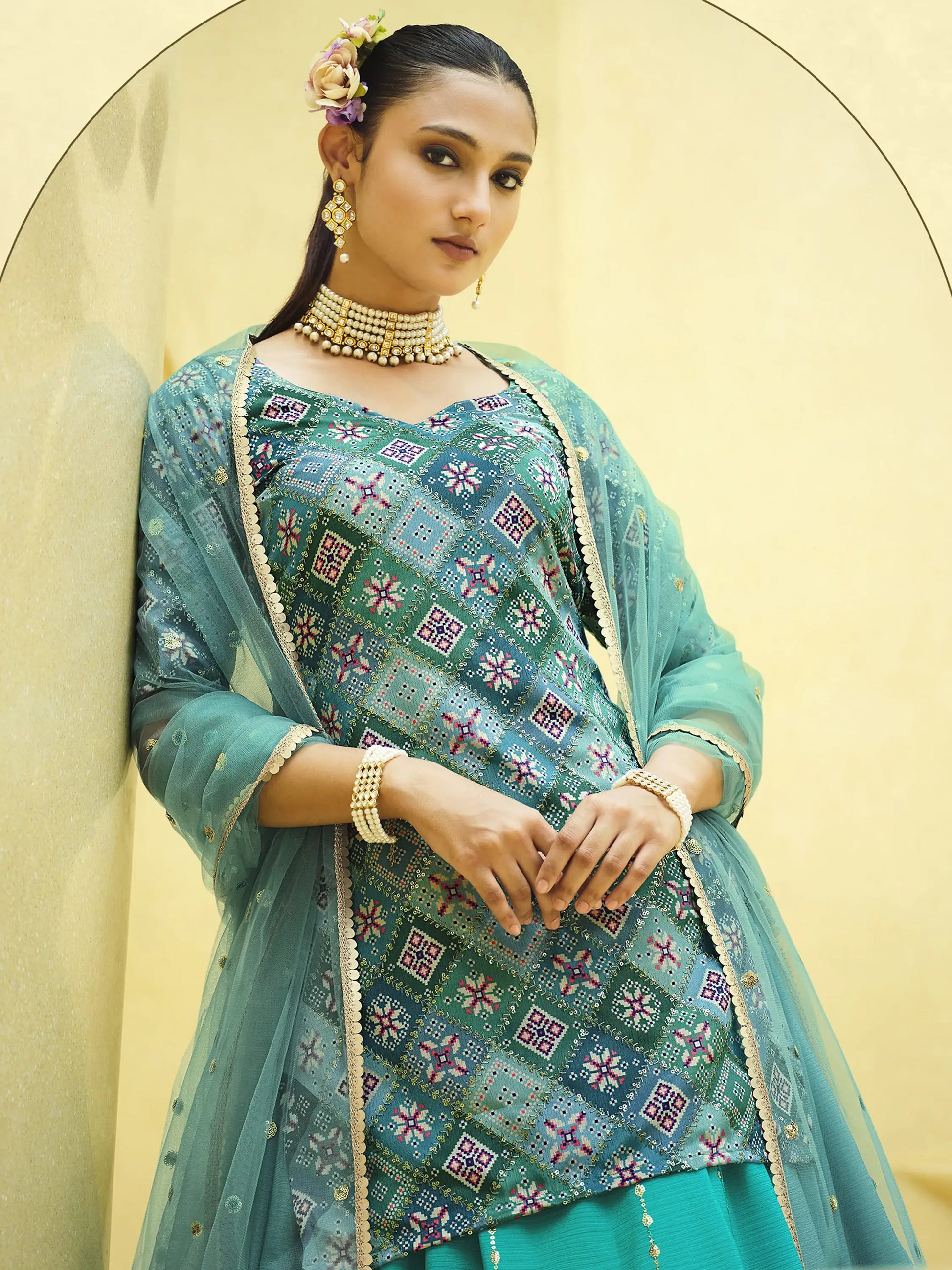 Turquoise Blue Sequins Embroidered Chinon Silk Lehenga Choli - Zeel Clothing
