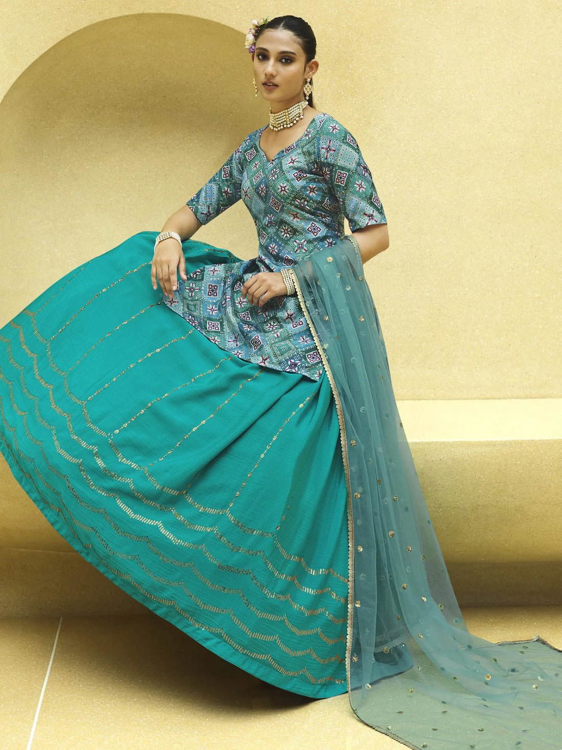Turquoise Blue Sequins Embroidered Chinon Silk Lehenga Choli - Zeel Clothing