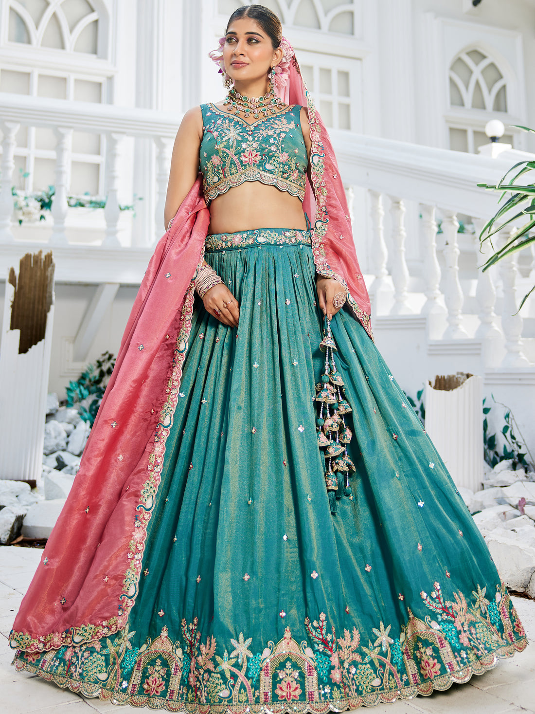 Sea Green Satin Sequins Embroidery Work Lehenga Choli With Dupatta