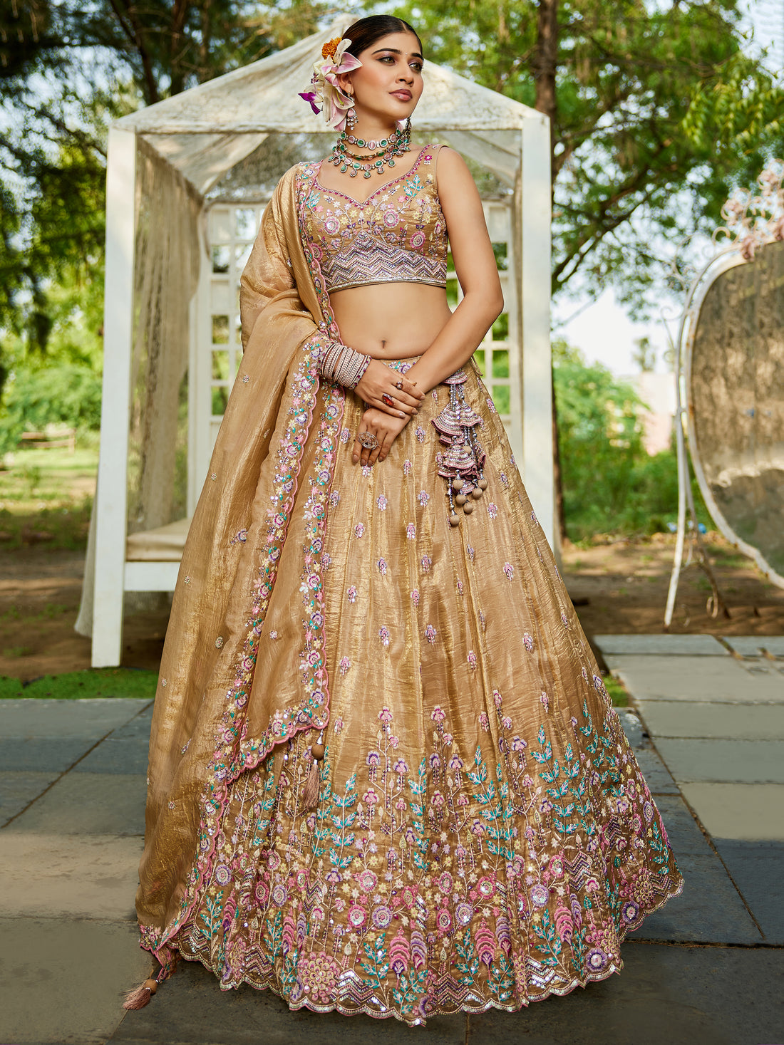 Glamourous Beige Tissue Thread Embroidered Lehenga Choli With Dupatta