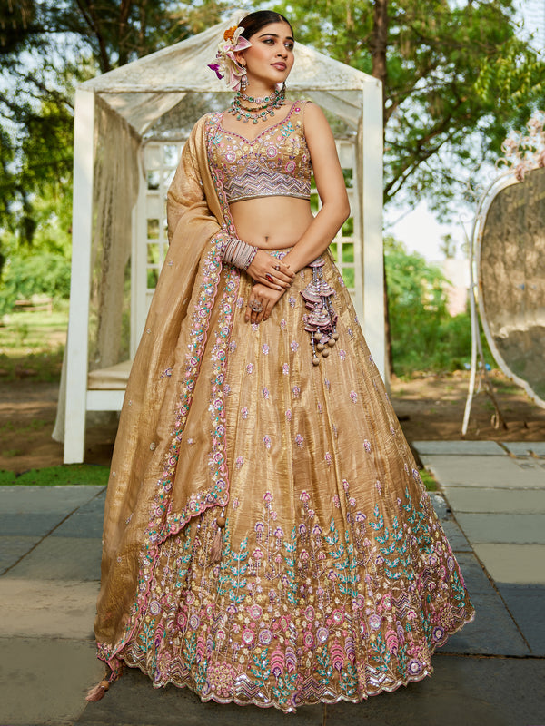 Glamourous Beige Tissue Thread Embroidered Lehenga Choli With Dupatta