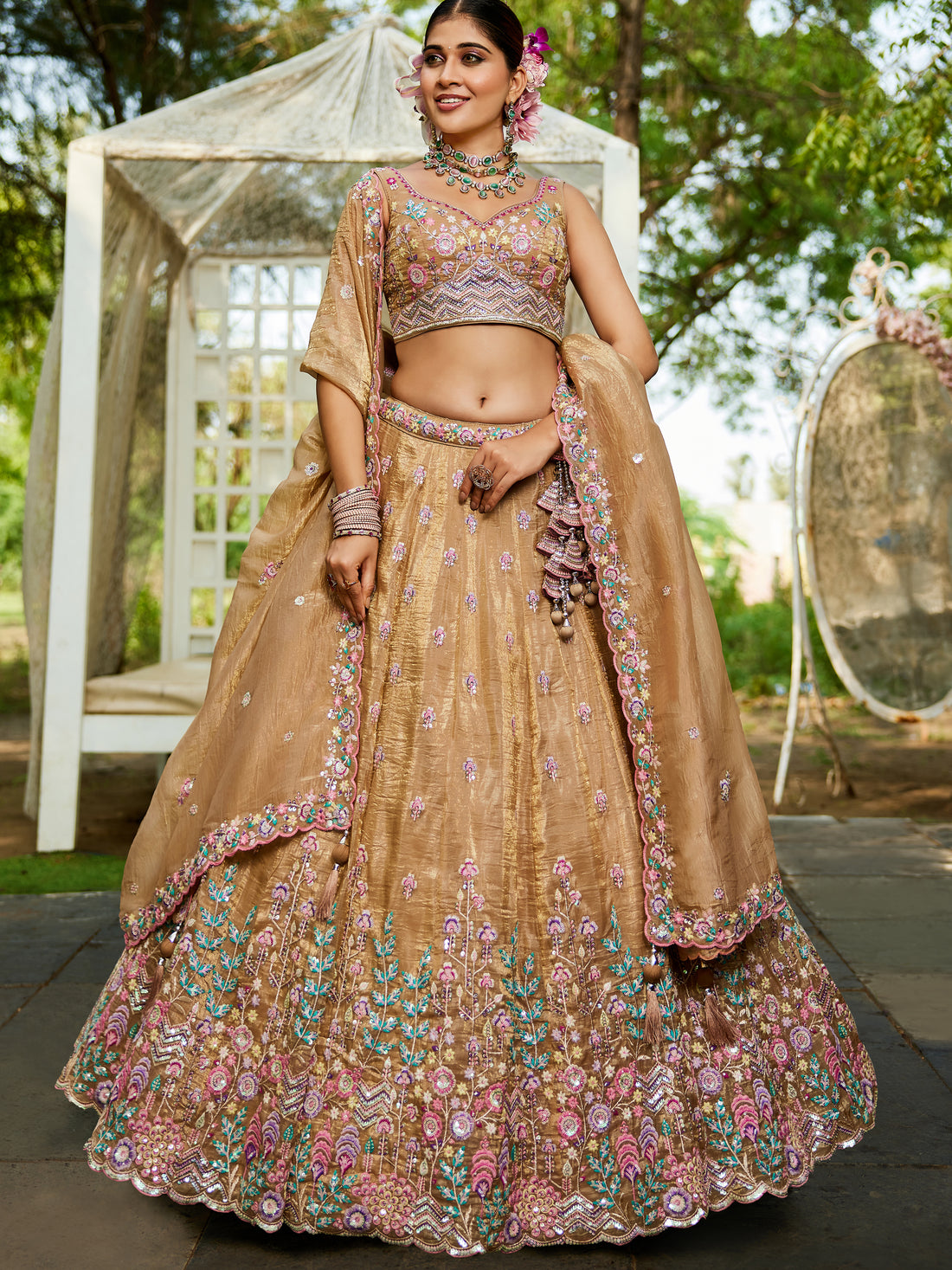 Glamourous Beige Tissue Thread Embroidered Lehenga Choli With Dupatta