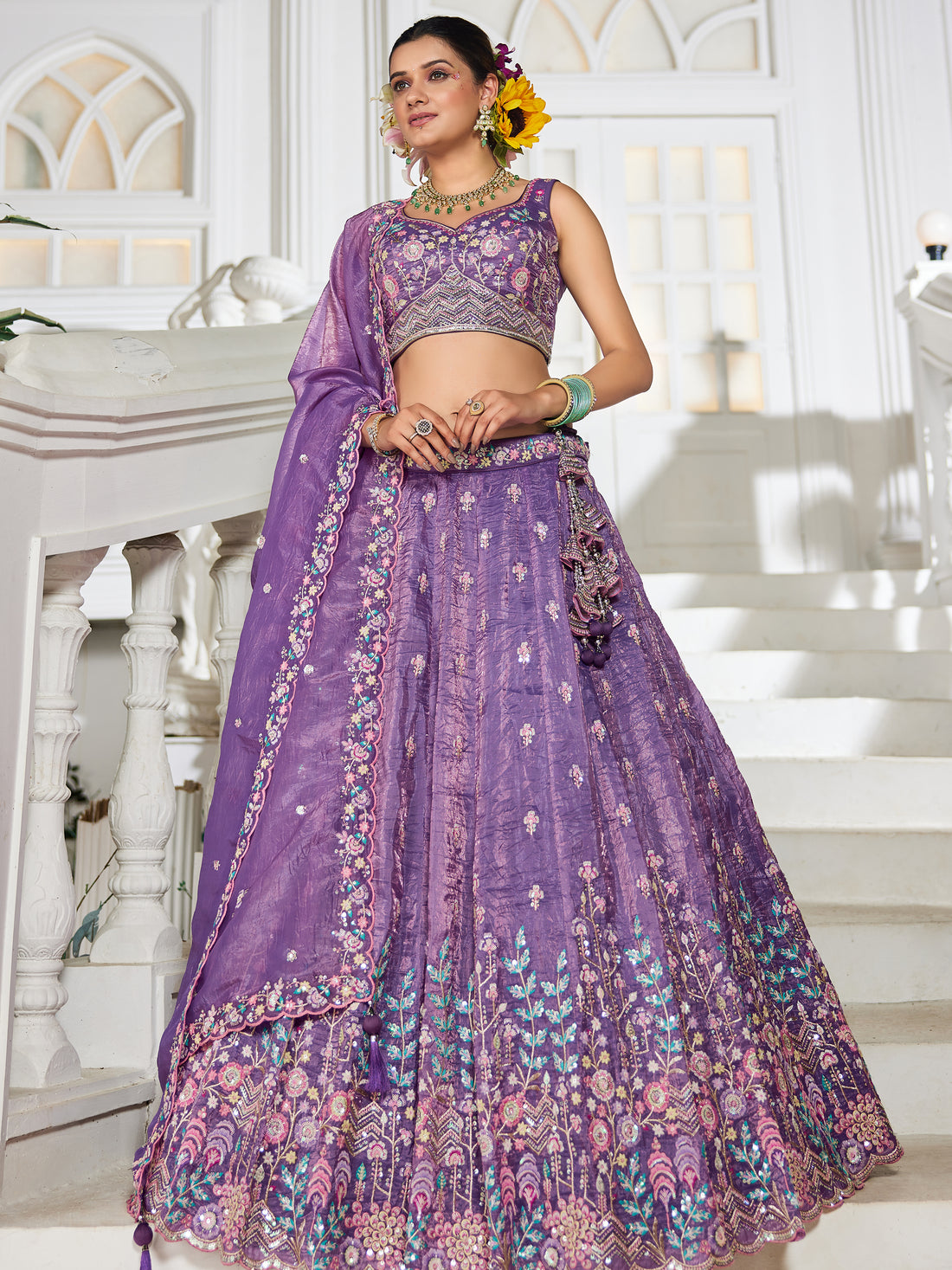 Mesmerizing Purple Thread Embroidery Tissue Lehenga Choli With Dupatta