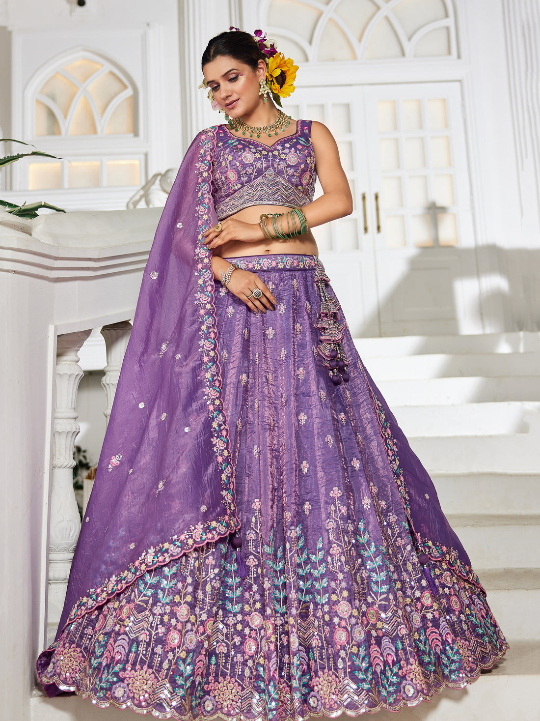 Mesmerizing Purple Thread Embroidery Tissue Lehenga Choli With Dupatta