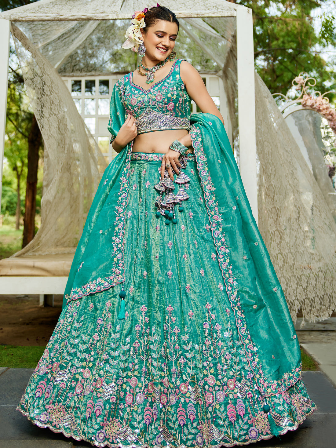 Stunning Sea Green Tissue Wedding Wear Lehenga Choli With Dupatta