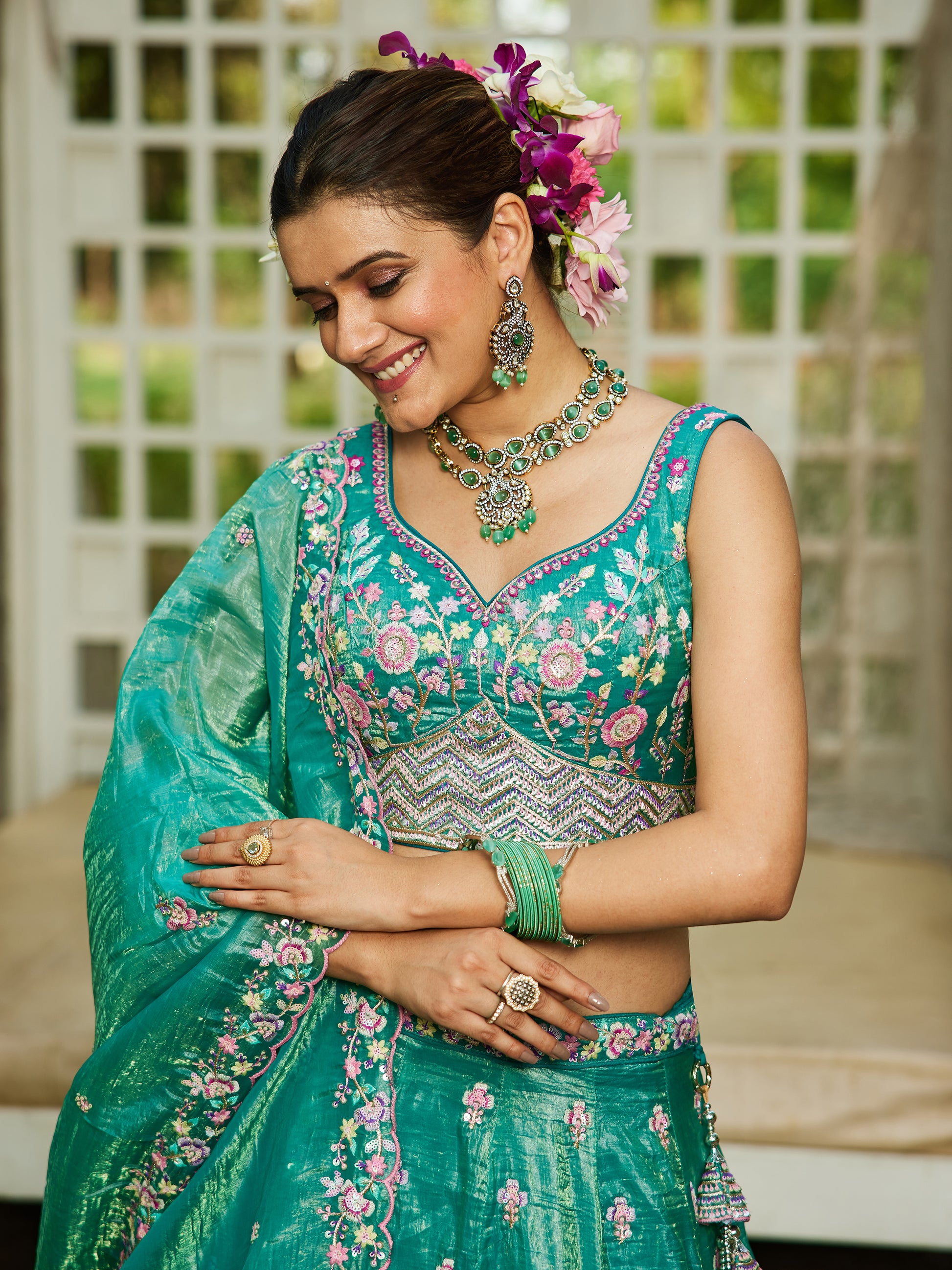 Stunning Sea Green Tissue Wedding Wear Lehenga Choli With Dupatta