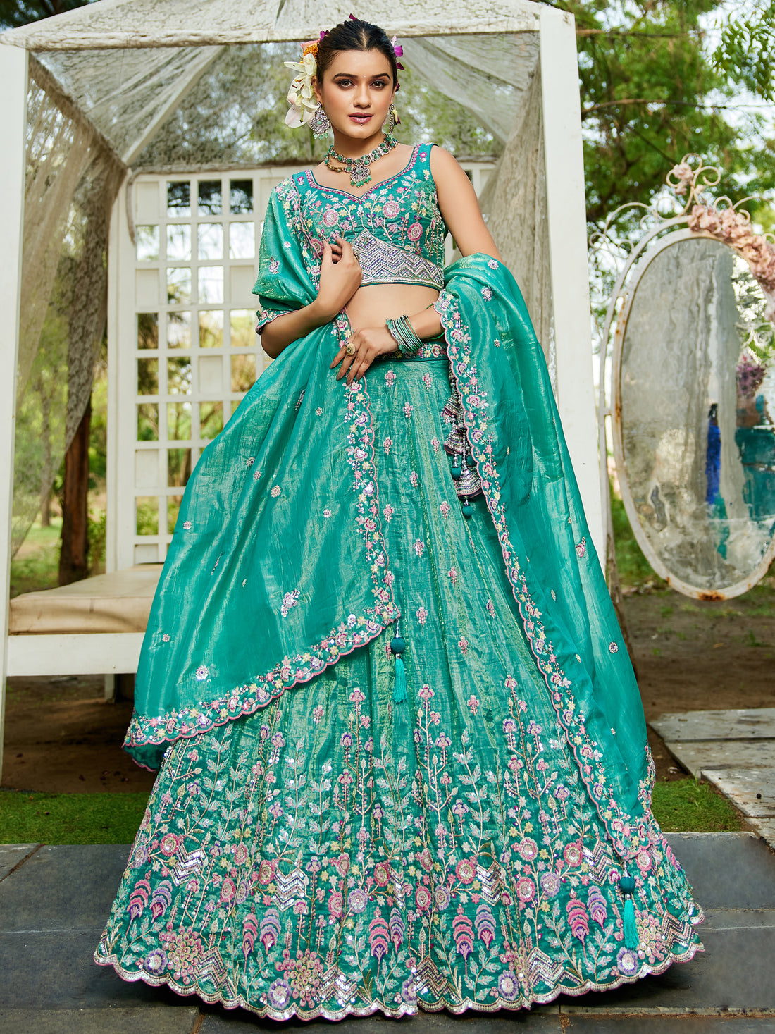 Stunning Sea Green Tissue Wedding Wear Lehenga Choli With Dupatta