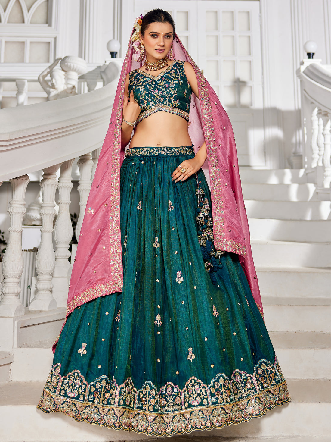 Majestic Teal Tissue Bridesmaids Lehenga Choli With Dupatta