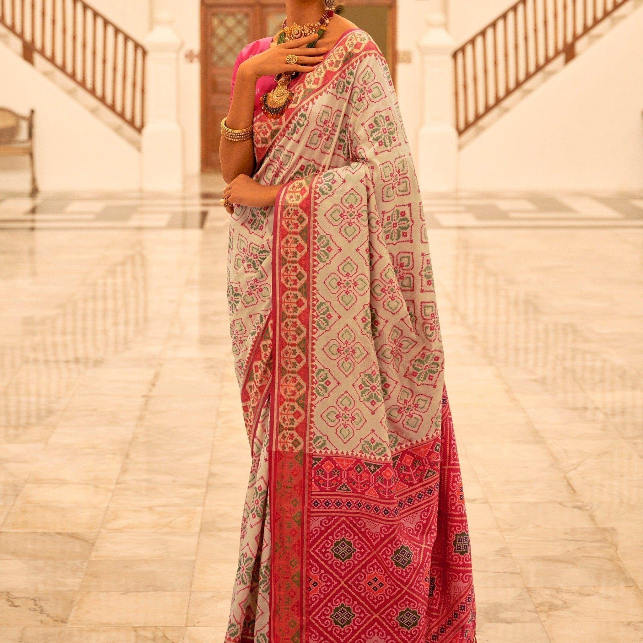 Unexpected Off-White Patola Printed Silk Festival Wear Saree - Zeel Clothing