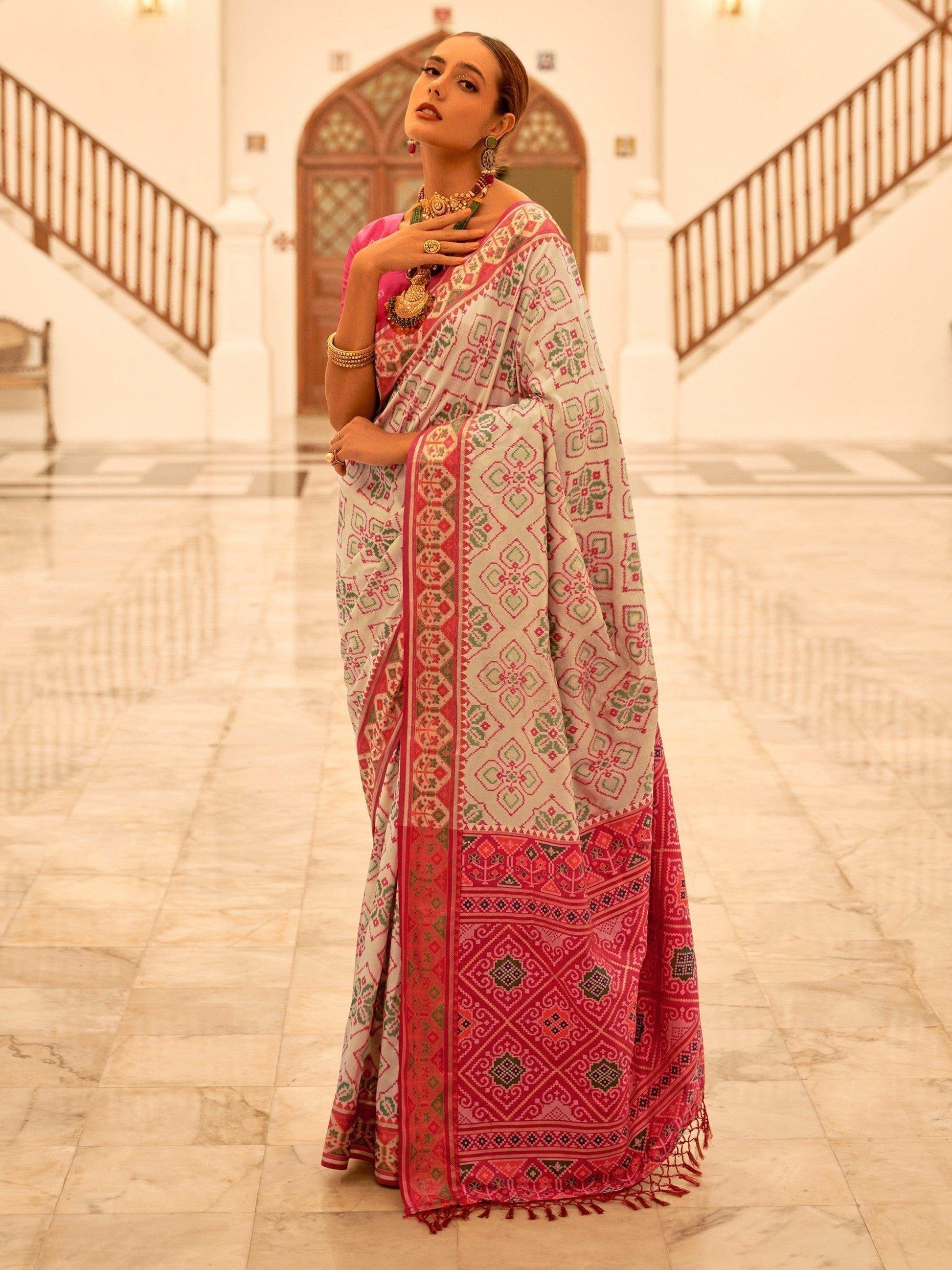 Unexpected Off-White Patola Printed Silk Festival Wear Saree - Zeel Clothing