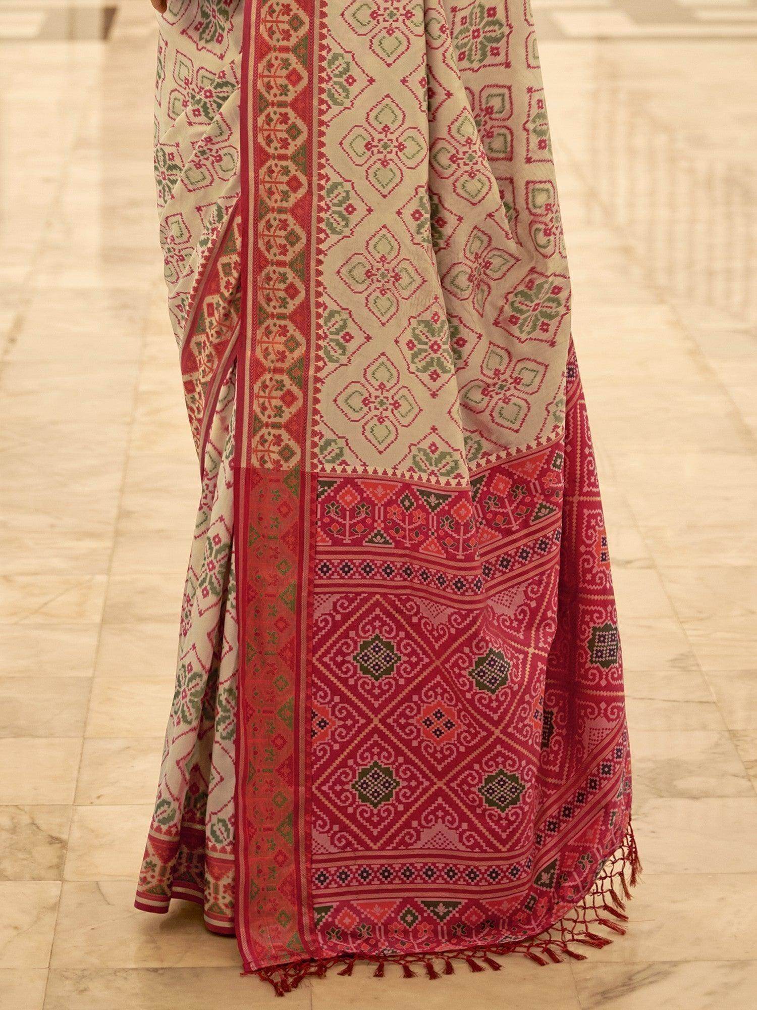 Unexpected Off-White Patola Printed Silk Festival Wear Saree - Zeel Clothing