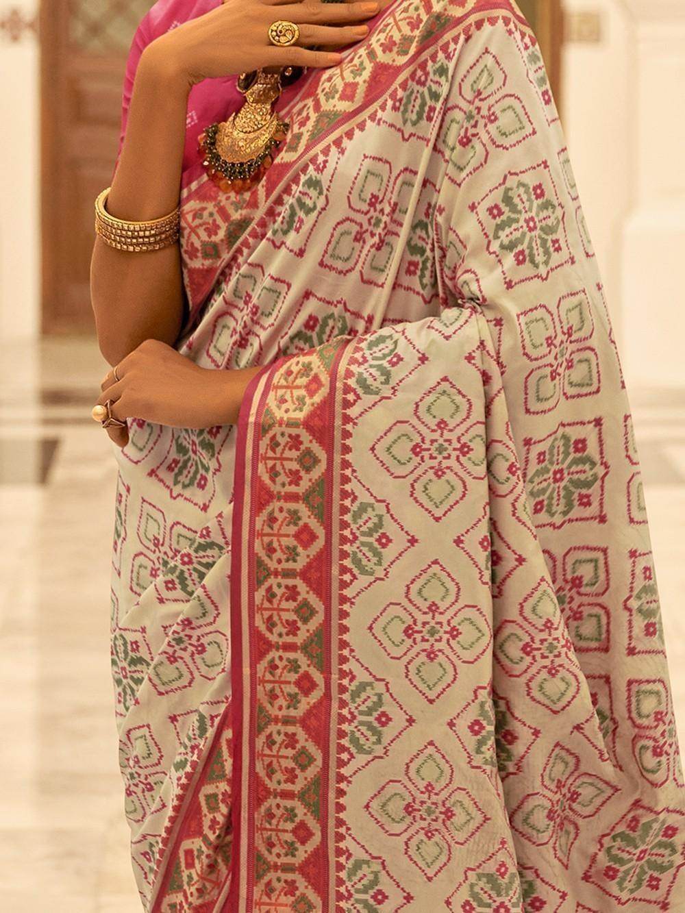 Unexpected Off-White Patola Printed Silk Festival Wear Saree - Zeel Clothing
